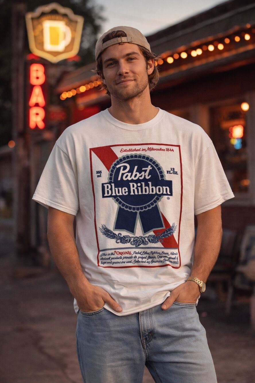 Junk Food Clothing Pabst Blue Ribbon Graphic T Shirt Mens Medium White Beer Logo